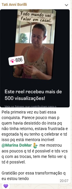 Print de WhatsApp: Tati comemora o primeiro reel com mais de 500 visualizações