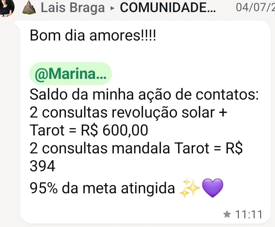 Print de WhatsApp: Laís conta R$ 994 em consultas numa única ação de contatos, com 95% da meta atingida