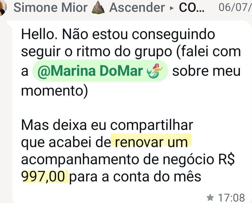Print de WhatsApp: Simone conta que renovou um acompanhamento de R$ 997